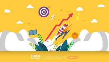 start up idea concept. project business with rocket tiny people character. new product or service launch template for web landing page, banner, presentation, social, print media. Vector illustration