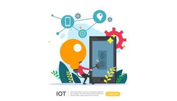 IOT smart house monitoring concept for industrial 4.0 home technology on laptop screen of internet of things connected objects. web landing page template, banner, print media. Vector illustration