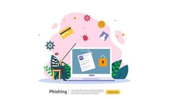 Plantilla de página de destino del concepto de ataque de phishing de contraseña. sanador robando seguridad personal en internet con carácter de gente diminuta. web, banner, presentación, medios sociales e impresos. ilustración vectorial vector