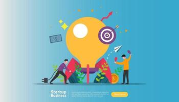 start up idea concept. project business with rocket tiny people character. new product or service launch template for web landing page, banner, presentation, social, print media. Vector illustration