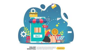 banner de compras en línea. concepto de negocio para la venta de comercio electrónico con teléfono inteligente y carácter de gente pequeña. plantilla para página de destino web, presentación, redes sociales y medios impresos. ilustración vectorial vector