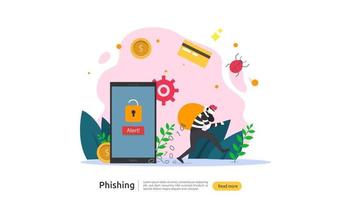 Plantilla de página de destino del concepto de ataque de phishing de contraseña. sanador robando seguridad personal en internet con carácter de gente diminuta. web, banner, presentación, medios sociales e impresos. ilustración vectorial vector