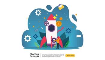 start up idea concept. project business with rocket tiny people character. new product or service launch template for web landing page, banner, presentation, social, print media. Vector illustration