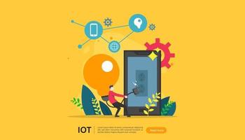 IOT smart house monitoring concept for industrial 4.0 home technology on laptop screen of internet of things connected objects. web landing page template, banner, print media. Vector illustration