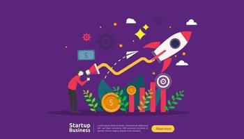 start up idea concept. project business with rocket tiny people character. new product or service launch template for web landing page, banner, presentation, social, print media. Vector illustration