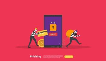 Plantilla de página de destino del concepto de ataque de phishing de contraseña. sanador robando seguridad personal en internet con carácter de gente diminuta. web, banner, presentación, medios sociales e impresos. ilustración vectorial vector