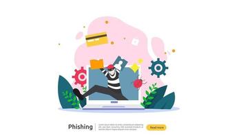 Plantilla de página de destino del concepto de ataque de phishing de contraseña. sanador robando seguridad personal en internet con carácter de gente diminuta. web, banner, presentación, medios sociales e impresos. ilustración vectorial vector