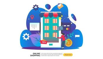 Online shopping banner. Business concept for Sale e-Commerce with smartphone and tiny people character. template for web landing page, presentation, social media and print media. Vector illustration