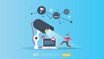 IOT smart house monitoring concept for industrial 4.0 home technology on laptop screen of internet of things connected objects. web landing page template, banner, print media. Vector illustration