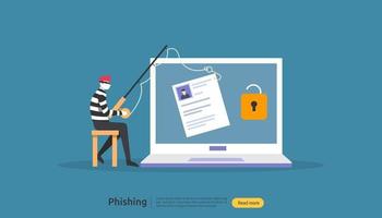 Plantilla de página de destino del concepto de ataque de phishing de contraseña. sanador robando seguridad personal en internet con carácter de gente diminuta. web, banner, presentación, medios sociales e impresos. ilustración vectorial vector