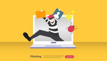 Plantilla de página de destino del concepto de ataque de phishing de contraseña. sanador robando seguridad personal en internet con carácter de gente diminuta. web, banner, presentación, medios sociales e impresos. ilustración vectorial vector