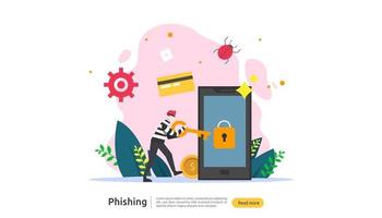 Plantilla de página de destino del concepto de ataque de phishing de contraseña. sanador robando seguridad personal en internet con carácter de gente diminuta. web, banner, presentación, medios sociales e impresos. ilustración vectorial vector