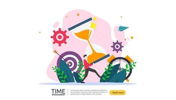 concepto de gestión del tiempo y dilación. planificación y estrategia de soluciones comerciales con reloj, calendario y carácter de personas diminutas para presentaciones, medios sociales e impresos. ilustración vectorial vector