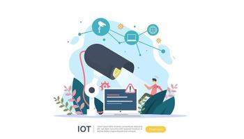 IOT smart house monitoring concept for industrial 4.0 home technology on laptop screen of internet of things connected objects. web landing page template, banner, print media. Vector illustration