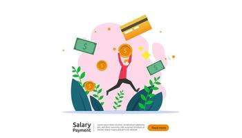 salary payment concept. Payroll, annual bonus, income, payout with paper calculator and people character. web landing page template, banner, presentation, social, and print media. Vector illustration