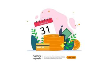 salary payment concept. Payroll, annual bonus, income, payout with paper calculator and people character. web landing page template, banner, presentation, social, and print media. Vector illustration