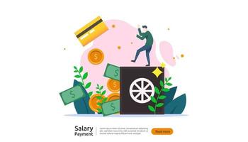 salary payment concept. Payroll, annual bonus, income, payout with paper calculator and people character. web landing page template, banner, presentation, social, and print media. Vector illustration