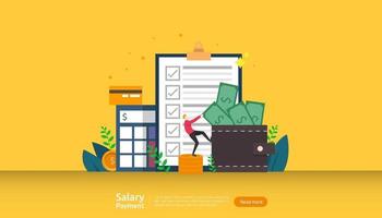 salary payment concept. Payroll, annual bonus, income, payout with paper calculator and people character. web landing page template, banner, presentation, social, and print media. Vector illustration