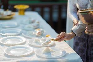 Hot rice, give alms to a Buddhist monk photo