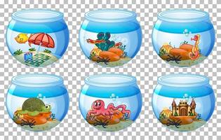 Set of water bowls and fishes isolated vector