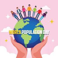 Poster of the World Population Day with the Earth holds by hands. vector