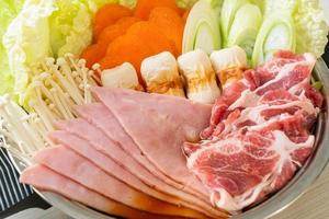 Sukiyaki or shabu hot pot black soup with meat raw and vegetable - Japanese food style photo