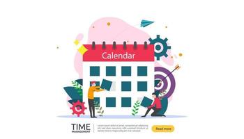 time management and procrastination concept. planning and strategy for business solutions with clock, calendar and tiny people character for presentation, social and print media. Vector illustration
