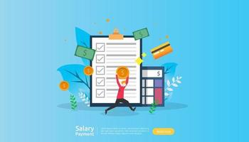 salary payment concept. Payroll, annual bonus, income, payout with paper calculator and people character. web landing page template, banner, presentation, social, and print media. Vector illustration