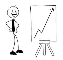 personaje de hombre de negocios de stickman con el gráfico de ventas en aumento y una ilustración de dibujos animados de vector muy feliz