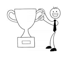 Stickman Businessman Character Happy and Won the Trophy Vector Cartoon Illustration