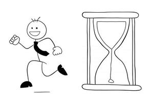 Hourglass Has Started and Stickman Businessman Character is Running and Happy Vector Cartoon Illustration
