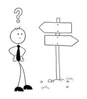 Stickman Businessman Character In Front of the Road Sign and Thinking Which Way to Go Vector Cartoon Illustration
