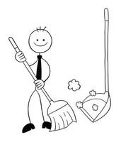 Stickman Businessman Character With Broom and Dustpan Sweeping the Floor Vector Cartoon Illustration