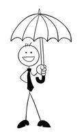 Stickman Businessman Character Holding Umbrella and Happy Vector Cartoon Illustration