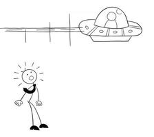 Stickman Businessman Character Sees UFO and is Surprised Vector Cartoon Illustration