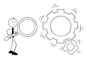 Stickman Businessman Character Holding a Magnifying Glass and Looking at Spinning Gears Vector Cartoon Illustration