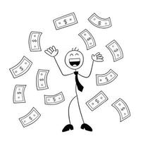 stickman, hombre de negocios, carácter, feliz, y, papel, dinero, flotar, aire, vector, caricatura, ilustración vector