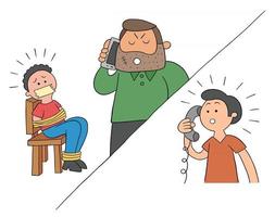 Cartoon Man Held Hostage and Ransom Demanded by Phone Vector Illustration