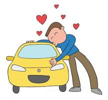 Cartoon Man Loves His Car and Hugs and Kisses Vector Illustration