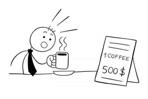 Stickman empresario personaje bebe café y se sorprende al ver el alto precio de la ilustración de dibujos animados de vector de café