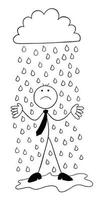 It is Raining Stickman Businessman Character Getting Wet and Unhappy Vector Cartoon Illustration