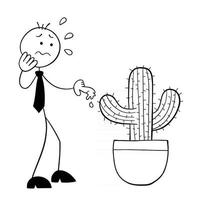 Stickman Businessman Character Touches the Cactus Thorn and His Finger Bleeds Vector Cartoon Illustration