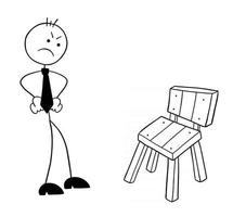 El personaje de stickman empresario se enoja cuando ve la ilustración de dibujos animados de vector de silla de madera