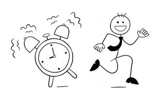 Alarm Goes Off and Stickman Businessman Character Running Vector Cartoon Illustration