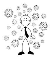 personaje de empresario stickman con una máscara y hay virus alrededor de la ilustración de dibujos animados de vector