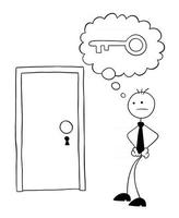 Stickman Businessman Character In Front of the Locked Door But No Key Vector Cartoon Illustration