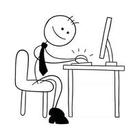 Stickman Businessman Character Working at the Computer and Happy Vector Cartoon Illustration