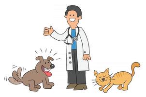 dibujos animados el veterinario está con el gato y el perro y están muy felices ilustración vectorial vector