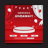 Indonesia's independence day giveaway contest social media post template with podium and balloons vector