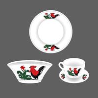 imagen de cuencos, platos y tazas antiguos con imágenes de gallo vector